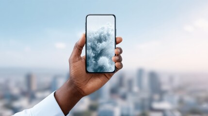 Black male hand holding smartphone with digital 5G hologram in futuristic cityscape, symbolizing rapid wireless communication and modern network technology