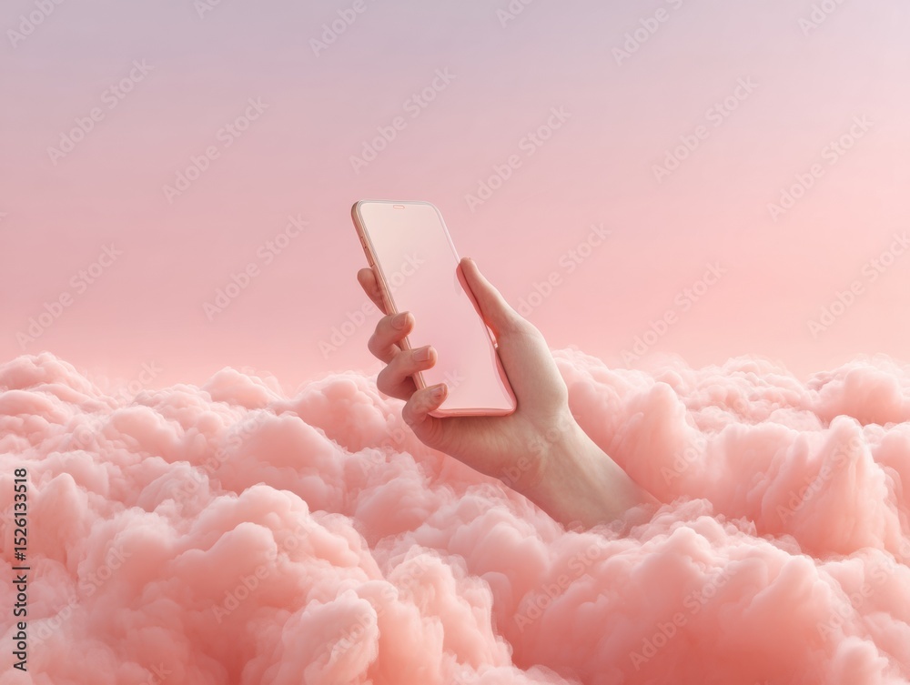 Aufkleber modern mobile weather radar app displayed on smartphone held above soft pink clouds, symbolizing dig