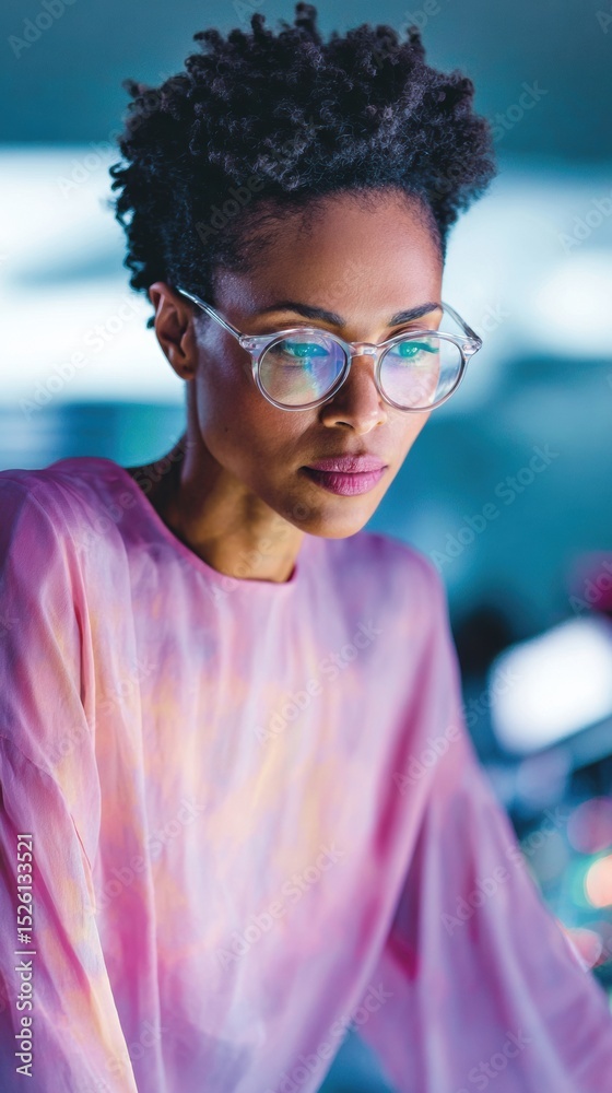 Aufkleber ethereal female engineer analyzing satellite data with soft pastel hues in aerospace mission control