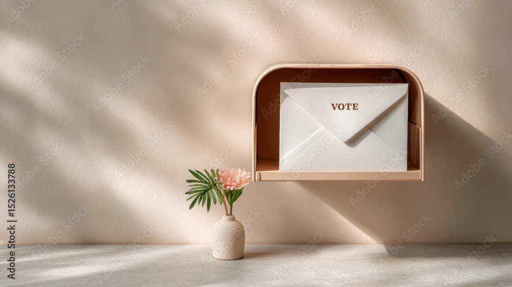 Poster modern vote by mail concept with white envelope and mailbox flag in minimalist sunlit setting promot