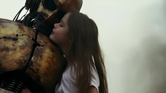 A girl hugs a rusted, broken robot, 