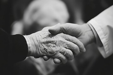 Doctor comforting an elderly patient post-surgery by gently touching their hand, providing encouragement during their recovery., Generative AI