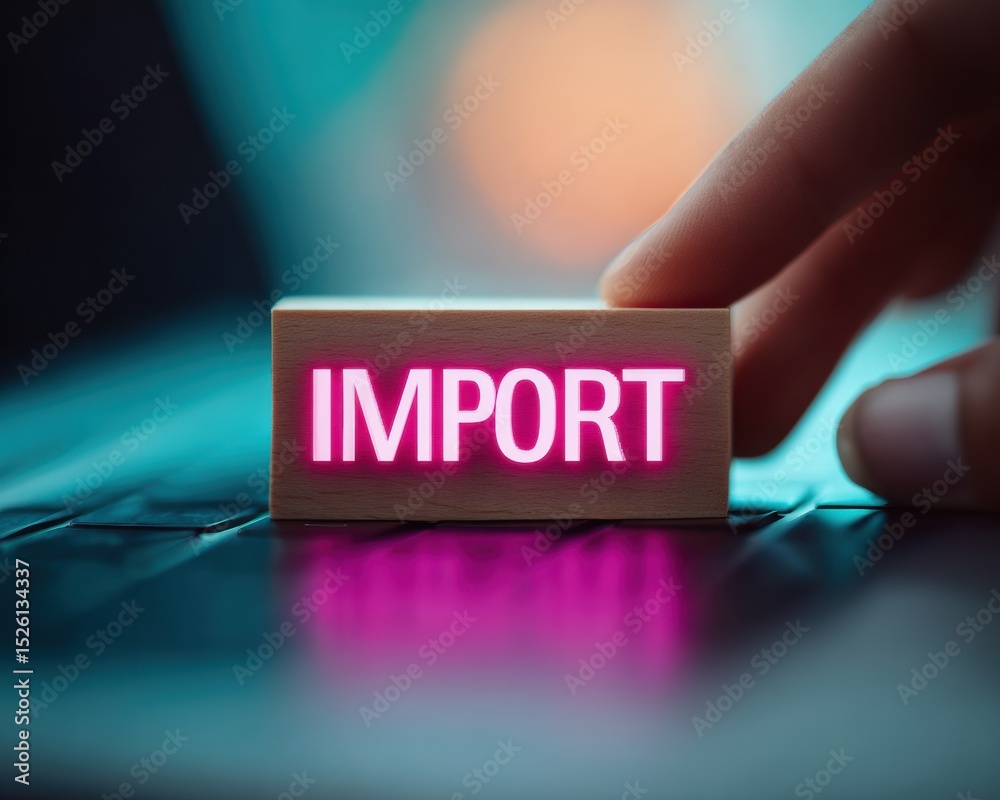 Poster modern import tariff wooden stamp with illuminated text on laptop keyboard in digital trade workspac