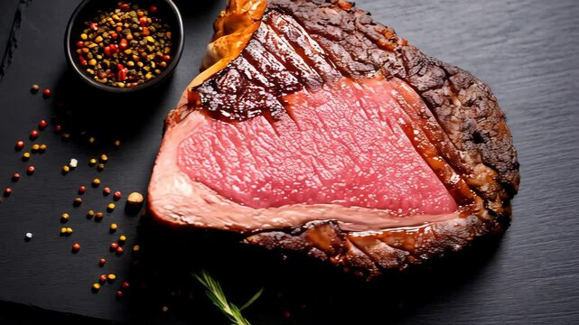 Grilled t-bone steak with rosemary, garlic, and pepper on a dark stone board, with salt, providing ample copy space.