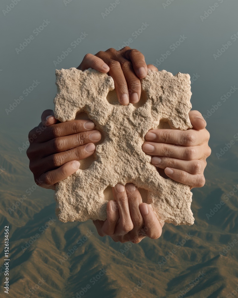 Aufkleber Diverse Hands Connecting Rough Puzzle Pieces Symbolizing Collaborative Unity and Inclusive Teamwork for Business Innovation and Social Empowerment