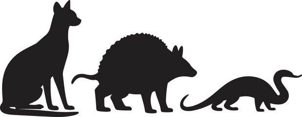 Black vector silhouette illustration of wild mammal animal silhouettes including horse, camel, elephant, rhino, and cat, isolated on white