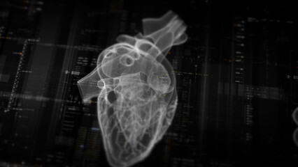Futuristic biomedical concept with advanced holographic scanning and HUD analyzing a patient’s heart using 3D holograms, AR, and real-time medical imaging for cardiac diagnostics