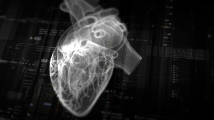 Futuristic biomedical concept with advanced holographic scanning and HUD analyzing a patient’s heart using 3D holograms, AR, and real-time medical imaging for cardiac diagnostics