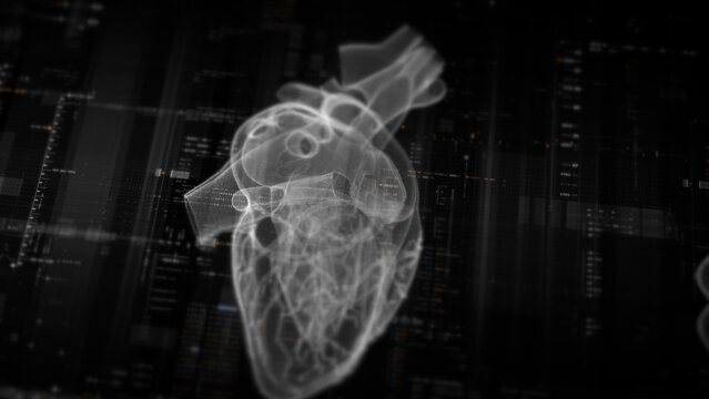 Futuristic biomedical concept with advanced holographic scanning and HUD analyzing a patient&rsquo;s heart using 3D holograms, AR, and real-time medical imaging for cardiac diagnostics