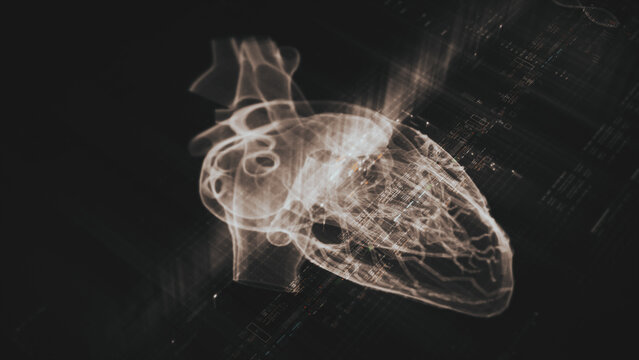 Futuristic biomedical concept with advanced holographic scanning and HUD analyzing a patient’s heart using 3D holograms, AR, and real-time medical imaging for cardiac diagnostics