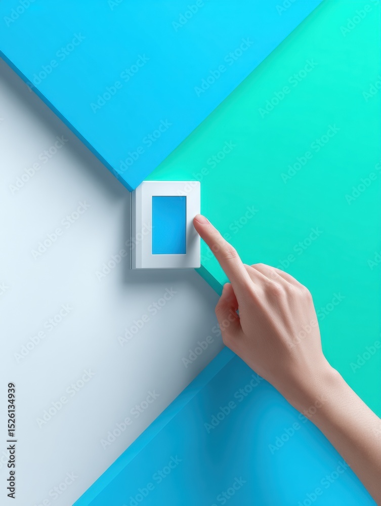 Poster Modern Smart Thermostat with Touchscreen Interface Adjusted by Hand in Colorful Minimalist Home Interior for Energy Efficient IoT Automation