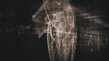 Futuristic biomedical concept with advanced holographic scanning and HUD analyzing a patient’s heart using 3D holograms, AR, and real-time medical imaging for cardiac diagnostics