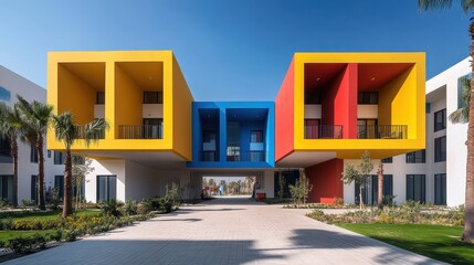 Obraz premium Colorful modern building exterior with yellow, red, and blue cubed architecture. Perfect for travel ads, architecture, design, or vibrant urban landscape needs.