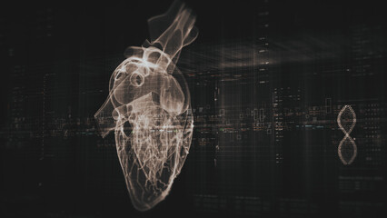 Futuristic biomedical concept with advanced holographic scanning and HUD analyzing a patient’s heart using 3D holograms, AR, and real-time medical imaging for cardiac diagnostics