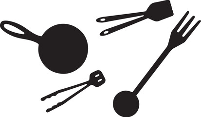 Isolated black and white vector icon set of kitchen utensils: spoon,