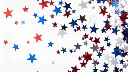 Festive arrangement of red, white, and blue star confetti scattered on a white background creates a celebratory and patriotic mood. - Powered by Adobe