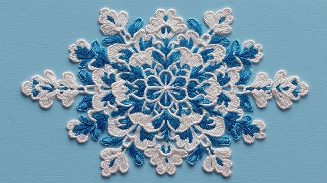 White embroidered snowflake on light blue background, winter holiday card, Christmas pattern