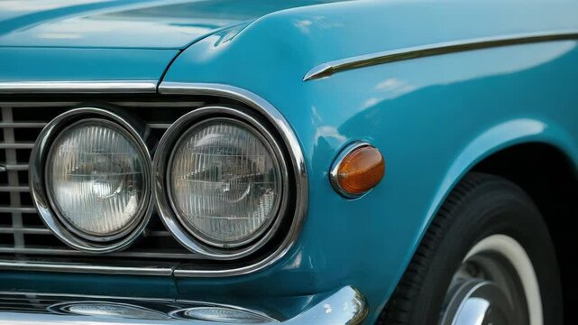 Shiny chrome headlights of a restored classic car gleaming in the sunlight.