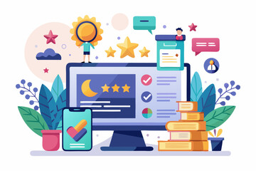 A flat vector illustration of five business people holding large golden stars, symbolizing teamwork, customer satisfaction, five-star ratings, and positive reviews. 