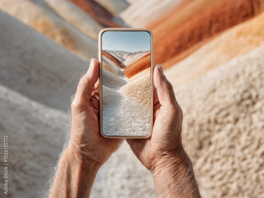 Poster hands holding smartphone displaying desert landscape with layered colorful hills, showcasing modern 