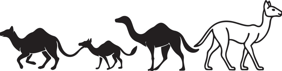 Vector silhouettes of horse, eagle, and angel wings in a desert sunset illustration with camels