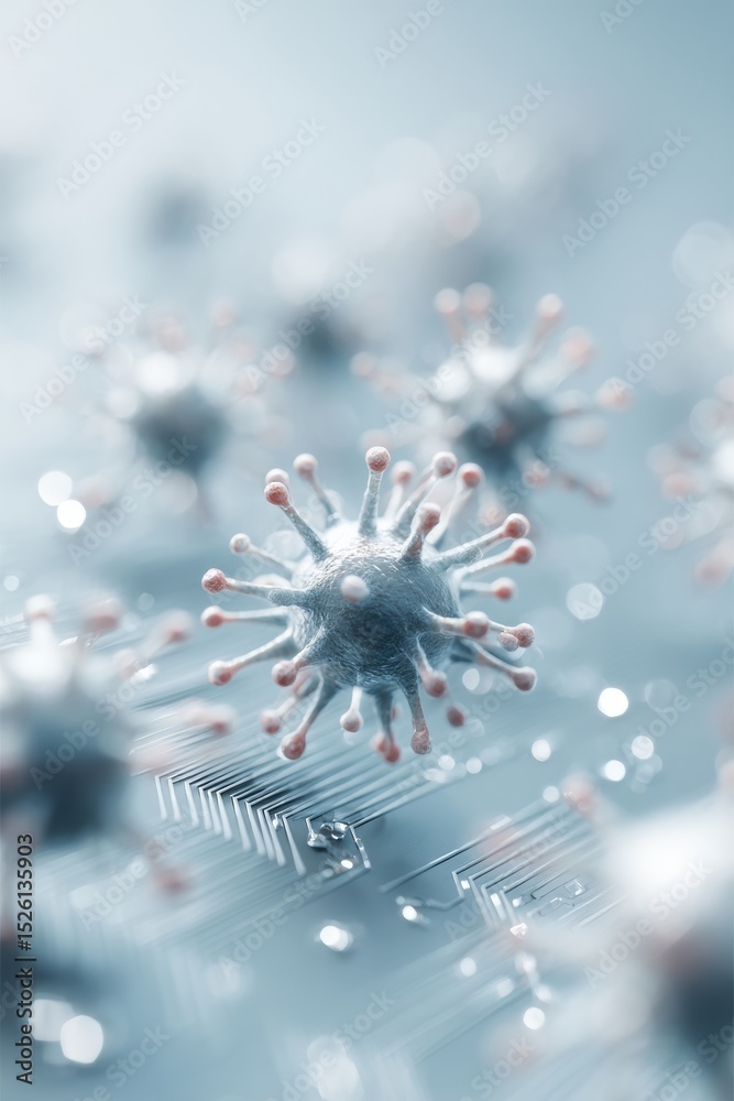 Leinwandbilder Quantum digital virus attacking circuit board pathways with spike-like structures, symbolizing cybersecurity threats and hardware vulnerabilities in tech industry