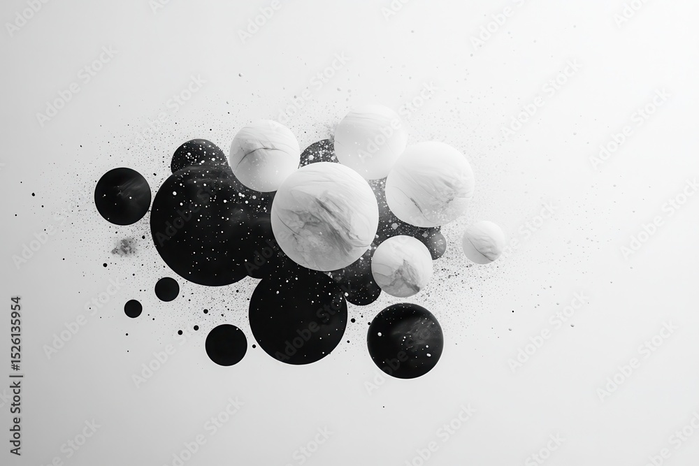 Poster dynamic composition of bubbles in contrasting black and white shapes with soft edges, creating an in