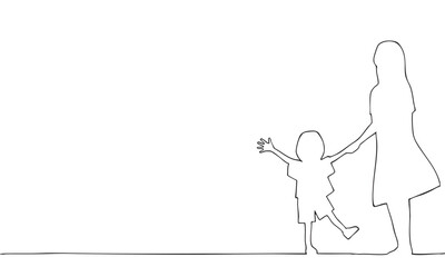 手をつなぐ親子（母と子）の線画イラスト