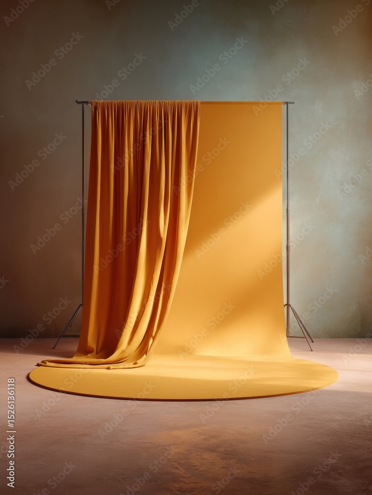 Poster modern professional booth setup with vibrant orange stage curtain and 360-degree spinner platform fo