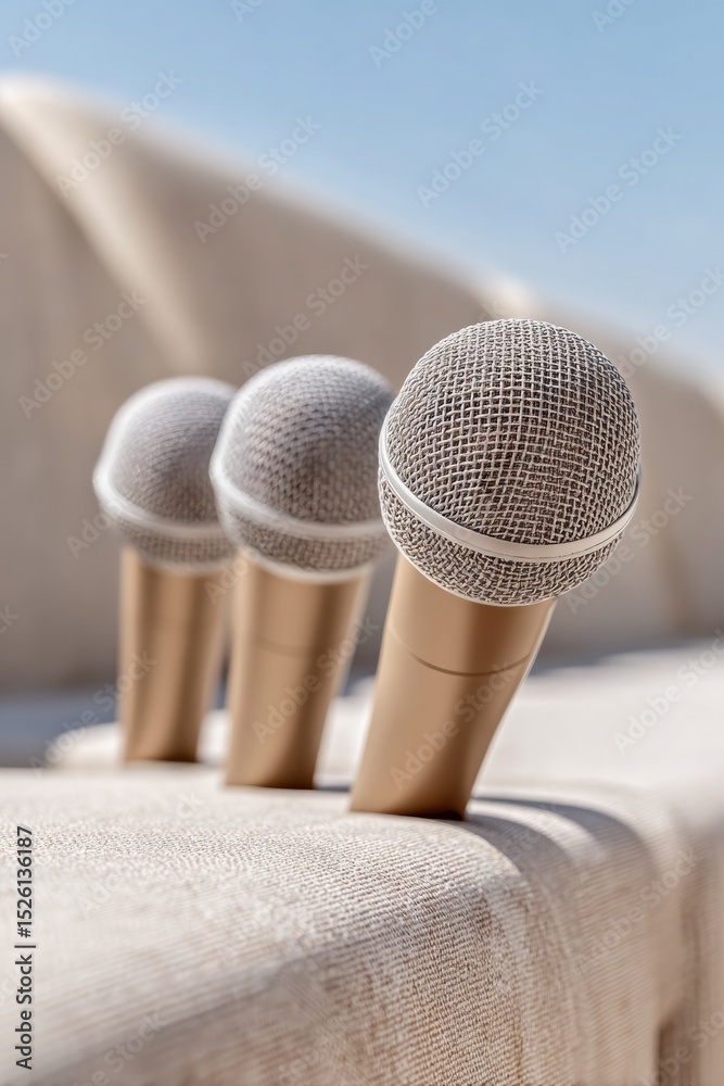 Poster minimalist press conference setup with multiple microphones on soft fabric, symbolizing preparedness
