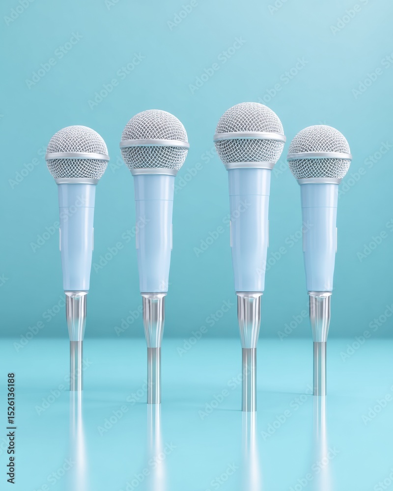 Poster modern press briefing microphones set with clean design on blue background for media events and tran