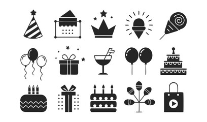 Birthday party icons set black and white design