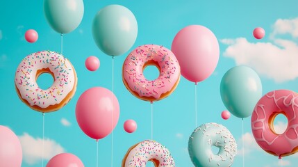 Pink and blue balloons and donuts float together in a bright, whimsical sky with fluffy clouds.