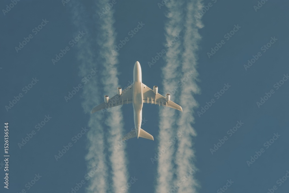 Poster passenger aircraft in mid-flight with four parallel contrails and detailed undercarriage against cle
