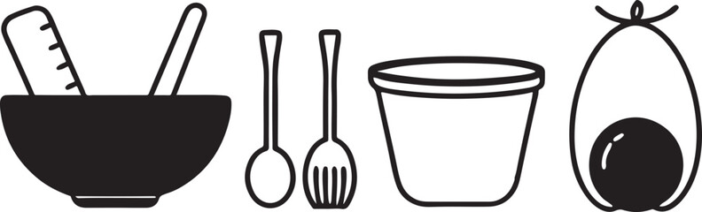 Isolated kitchen tools set with spoon, spatula, fork, and ladle on white background