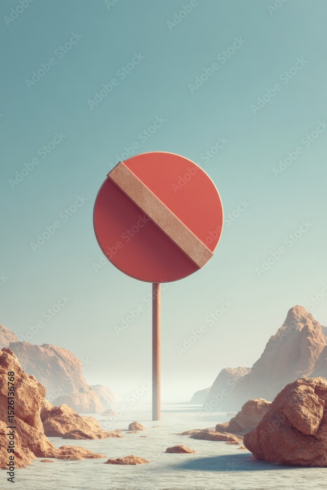 Poster minimalist no entry sign with diagonal slash in surreal rocky landscape for modern security and rest