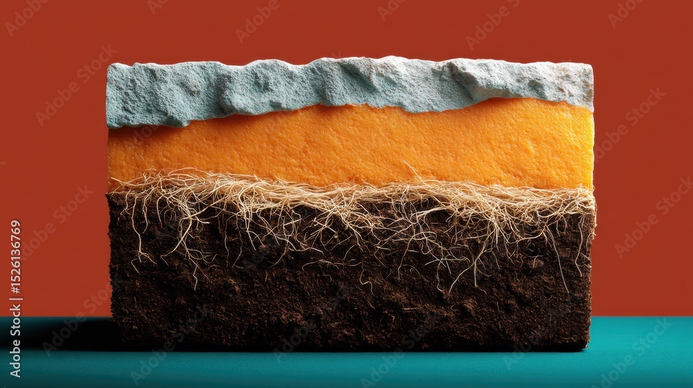 Poster soil cross-section with grass roots illustrating nutrient layers and underground biodiversity for ec