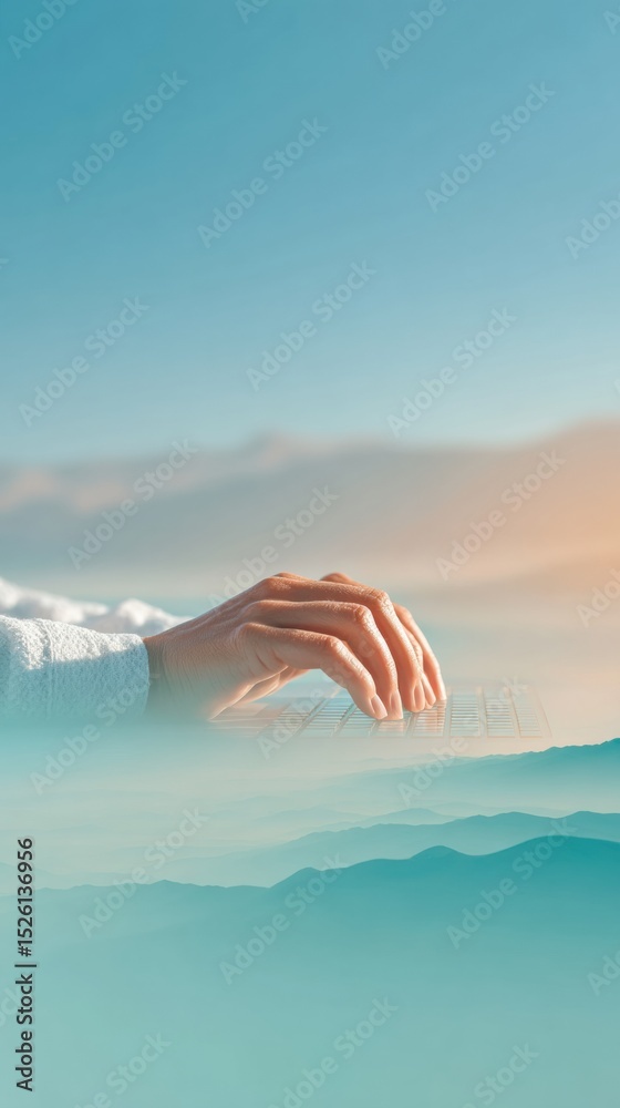 Poster Futuristic Language Processing Concept with Hand Typing on Laptop and Holographic Translation Icons for Global Communication and AI Tech Innovation