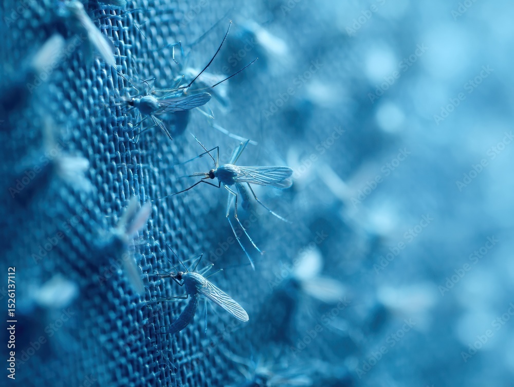 Poster close-up of mosquito swarm on window screen mesh with blue tone for pest control and home protection