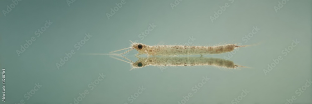 Poster clear macro shot of mosquito larva swimming horizontally in water with visible details for scientifi