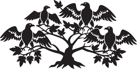A set of birds in silhouette on a branch, a vector illustration of flying wildlife