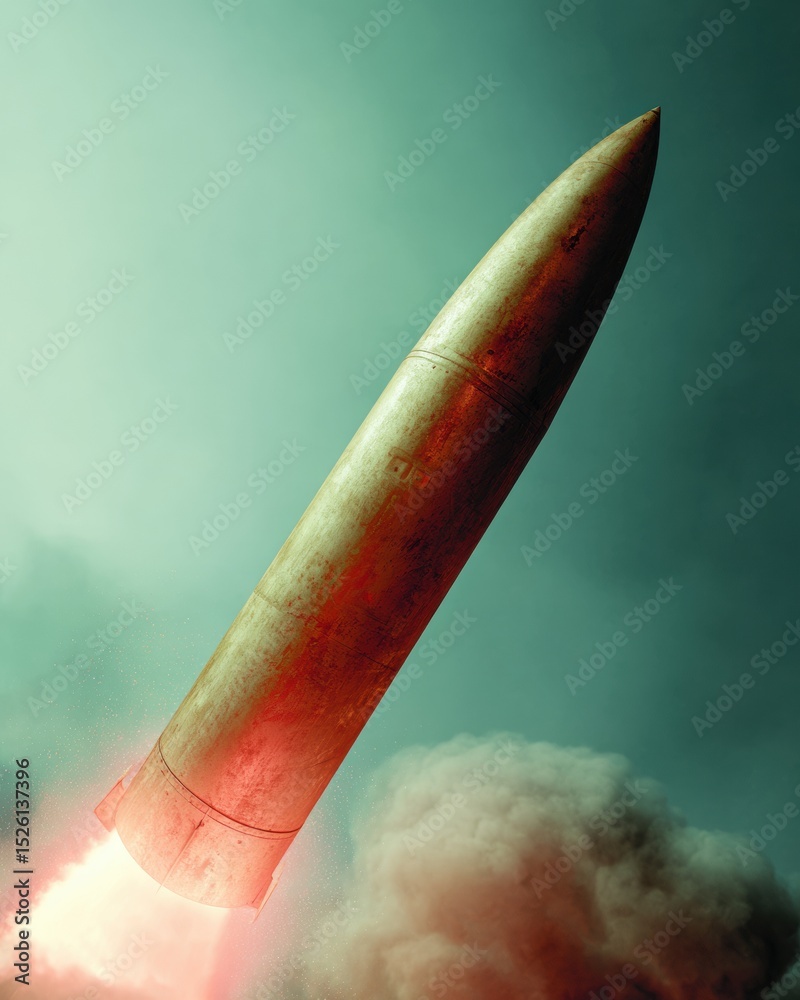 Poster high-tech anti-aircraft missile in mid-flight with aerodynamic surface launched from ground-based sy