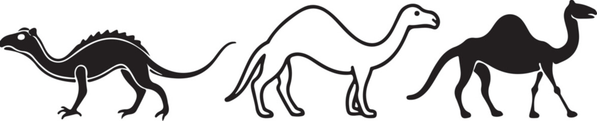 Vector silhouette illustrations of an angel, bird, and woman, alongside various wild and pet animals like cats, dogs, panthers, kangaroos, and horses, are depicted in black