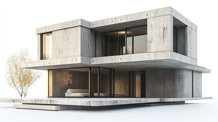 Modern concrete house with large windows and minimalist design, surrounded by nature