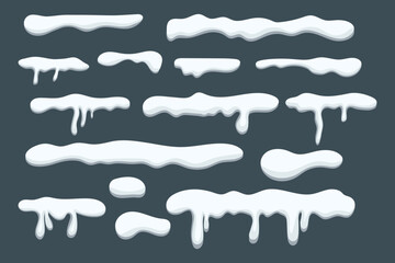 Set of vector winter snow caps in various shapes with melting icicles. Elements isolated on dark background. Illustration in cartoon style.