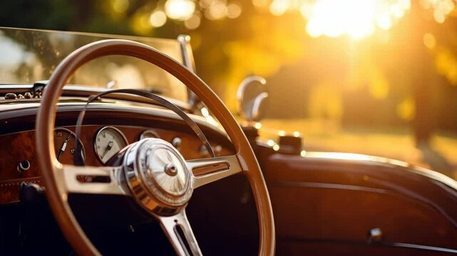 Wooden steering wheel of a classic vintage car with sunset reflecting on the dashboard.