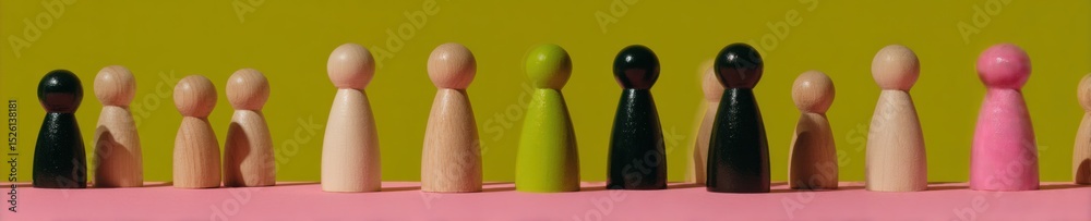 Poster diverse wooden peg dolls in gradient arrangement on wood surface for inclusive corporate training an