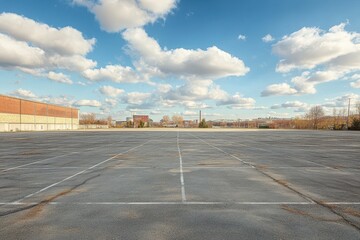 An empty parking lot with cloudy blue sky and old building at horizon line. It can be used for business or urban development concept and more.