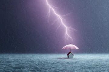 Flood Protection Concept with Miniature House Under Umbrella in Heavy Rainstorm and Lightning - Property Insurance and Risk Management Visual
