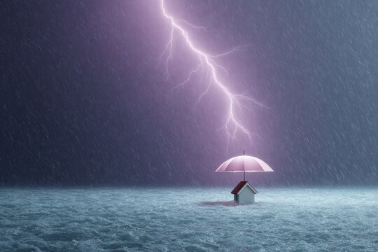 Fototapeta Flood Protection Concept with Miniature House Under Umbrella in Heavy Rainstorm and Lightning - Property Insurance and Risk Management Visual